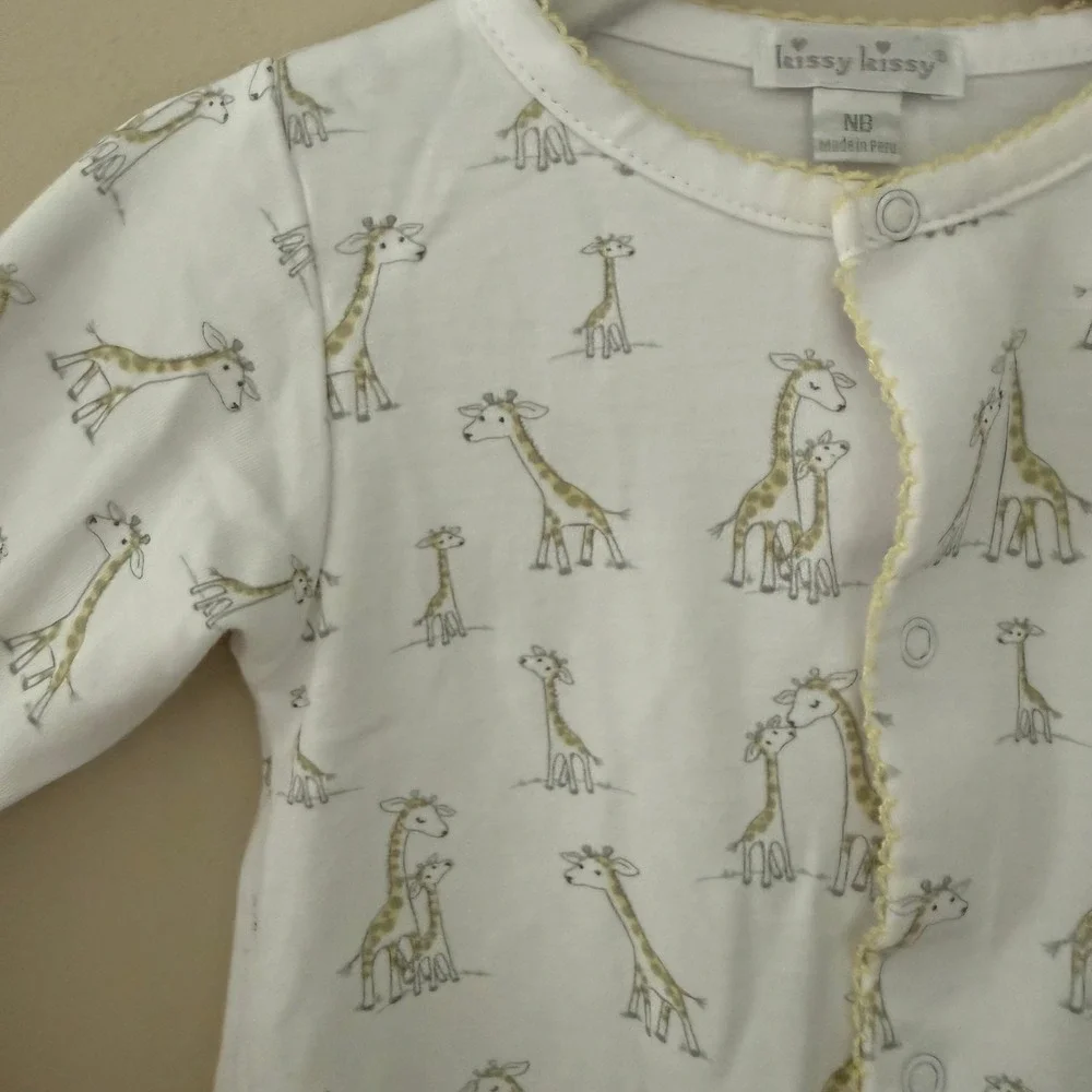 Kissy‎ Kissy Newborn Giraffe Print Pima Cotton Sleeper White Yellow Trim NB